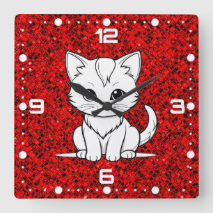 Horloge Carrée Conception de dessin au trait de chat stylisé-5231