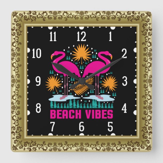 Horloge Carrée Conception de flamants roses de vibes de plage (Recto)