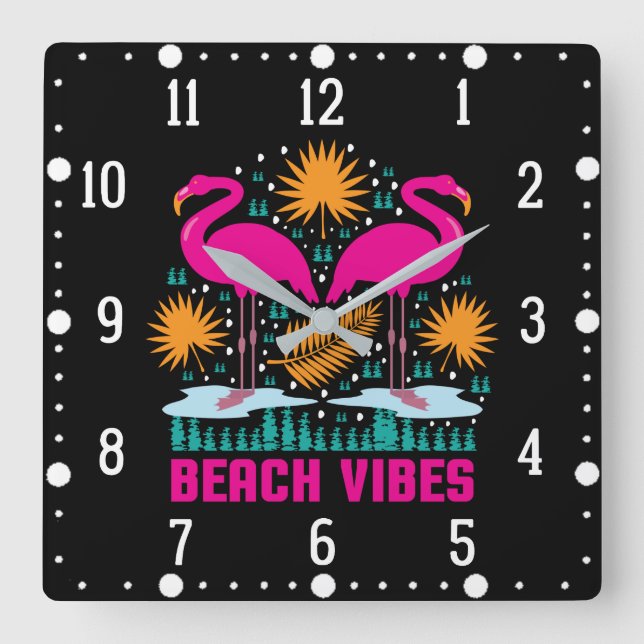 Horloge Carrée Conception de flamants roses de vibes de plage (Recto)