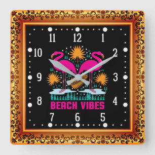 Horloge Carrée Conception de flamants roses de vibes de plage