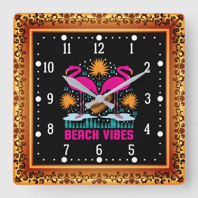 Horloge Carrée Conception de flamants roses de vibes de plage (Recto)