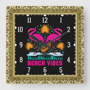 Horloge Carrée Conception de flamants roses de vibrations de plag