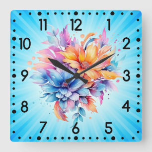 Horloge Carrée Conception de fleurs florales aquarelle-24683