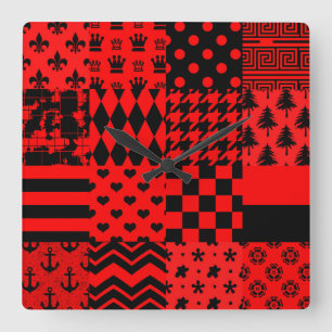 Horloge Carrée Conception de maquette Motif mixte rouge et noir