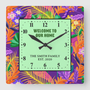 Horloge Carrée Conception de motif floral exotique coloré