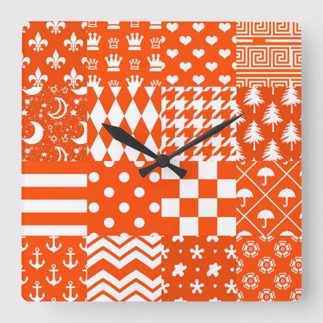 Horloge Carrée Conception de Patchwork Motif mixte orange blanc (Recto)