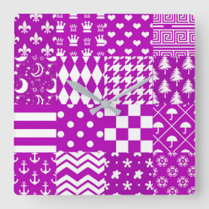 Horloge Carrée Conception de Patchwork Motifs mélangés violet bla