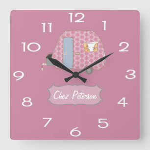 Horloge Carrée Conception de Pink Retro Vintage Caravan