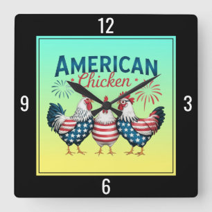 Horloge Carrée Conception de poulet américain patriotique du 4 ju