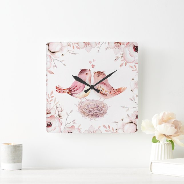 Horloge Carrée Conception florale à l'aquarelle de tourtereaux ro (Maison)