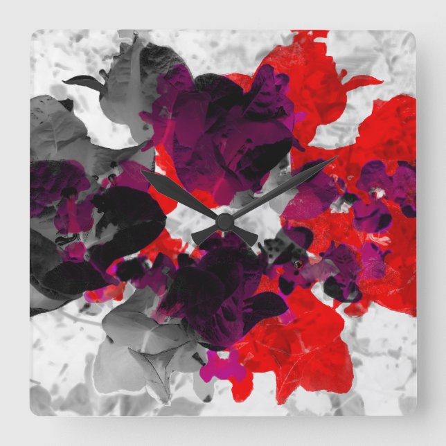 Horloge Carrée Conception florale abstraite - rouge et pourpre (Recto)