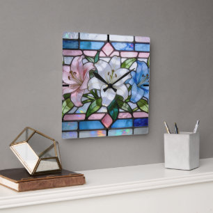Horloge Carrée Conception florale élégante de lys en verre coloré
