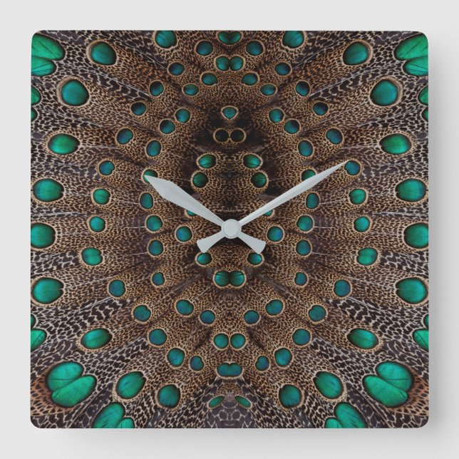 Horloge Carrée Conception fractale de la plumes de faisan (Recto)