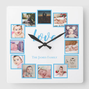 Horloge Carrée Concevoir un Collage de 12 photos bleu personnalis