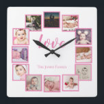 Horloge Carrée Concevoir un Collage de 12 photos en rose personna<br><div class="desc">12 Photo Collage Personnalisé Modèle horloge / rose et blanc...  ajoutez simplement vos propres photos et texte à cette grande horloge murale .. facile à personnaliser .. personnalisable horloge modèle photo de Ricaso - idées cadeaux parfaites</div>