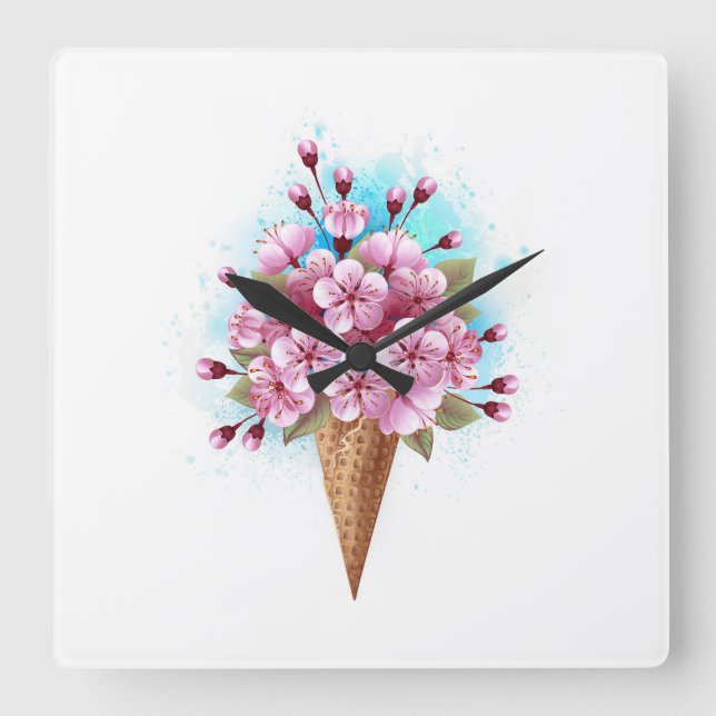 Horloge Carrée Cône rose Sakura crème glacée gaufre (Recto)