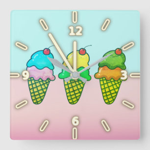 Horloge Carrée Cônes de crème glacée colorée cool