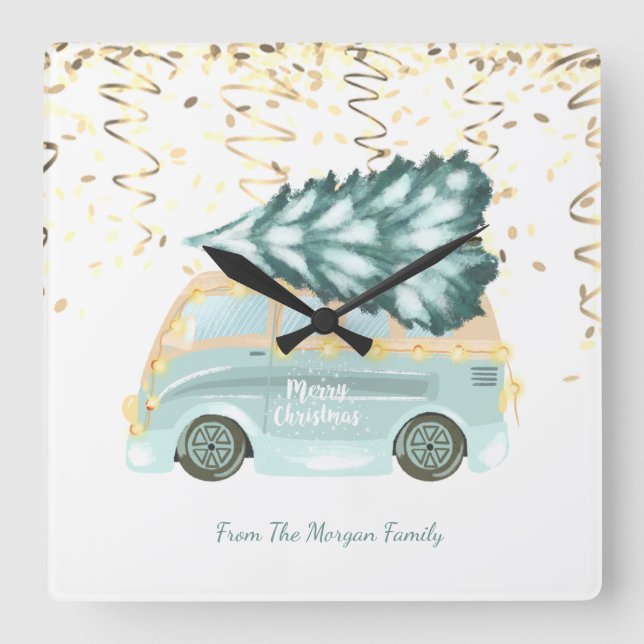 Horloge Carrée Confetti d'or, Arbre à pin de camion vert de Noël  (Recto)