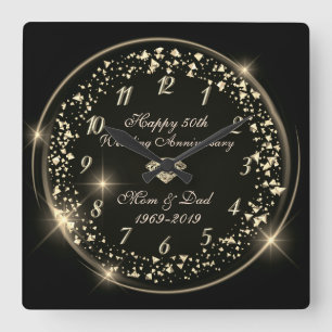 Horloge Carrée Confettis dorés brillants, 50e anniversaire de mar