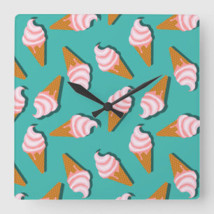 Horloge Carrée Congés gaufres crème glacée et motif de yaourt con