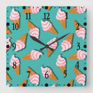 Horloge Carrée Congés gaufres crème glacée et motif de yaourt con