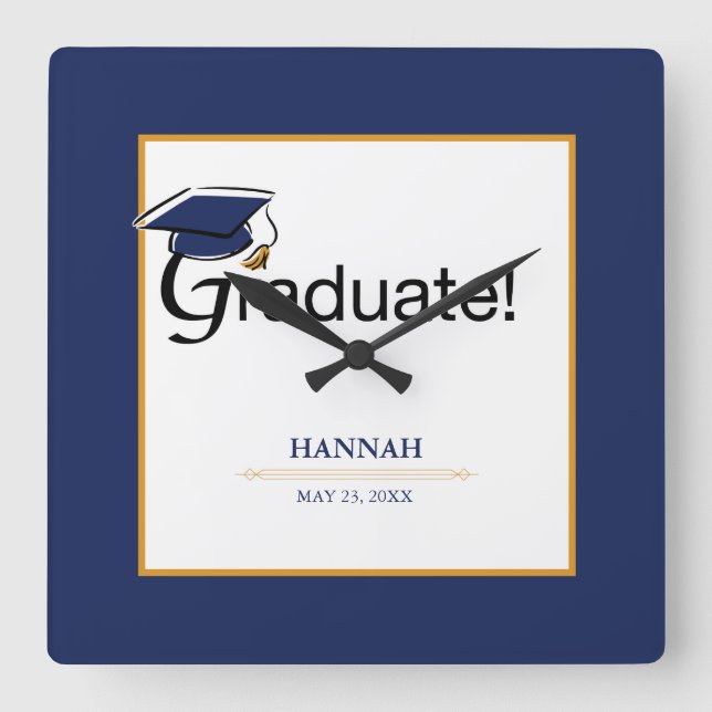 Horloge Carrée Congratulations Graduate, Hat, Tassel, Blue, Gold (Recto)