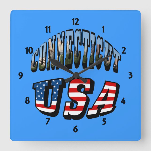 Horloge Carrée Connecticut Picture and USA Flag Text (Recto)