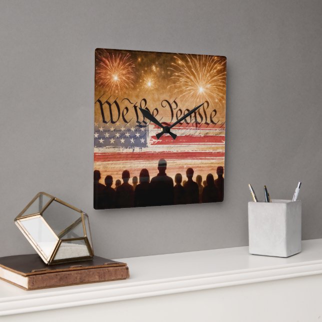 Horloge Carrée Constitution des États-Unis avec drapeau et feux d (Bureau)