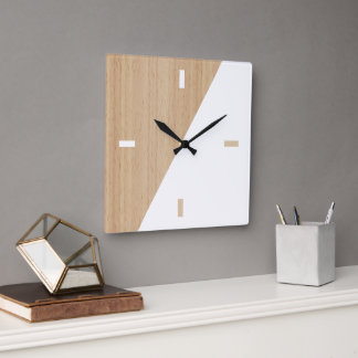 Horloge Carrée Contemporain Bandes en Bloc sur Bois Faux