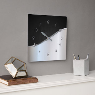 Horloge Carrée Contraste Métal Noir Et Blanc Simple Argent brilla