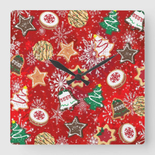 Horloge Carrée Cookies de Noël et flocons de neige sur fond rouge