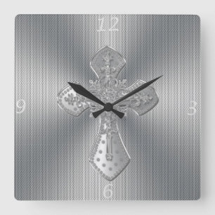 Horloge Carrée Cool beau ornement croisé argent gris effet