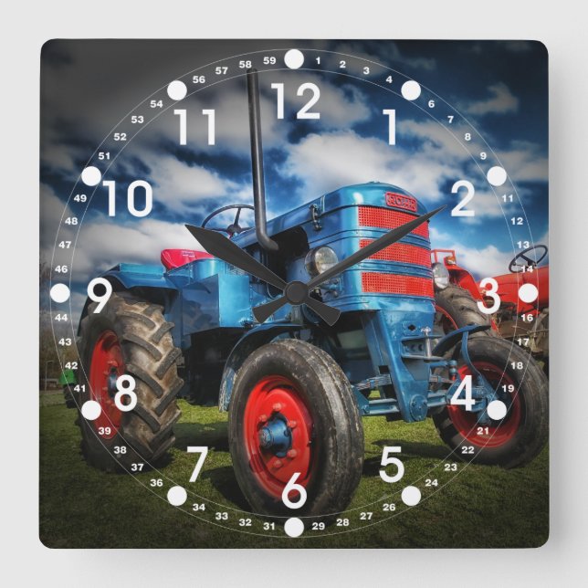 Horloge Carrée Cool Bleu Rouge Tracteur d'antiquités cadeaux pour (Recto)