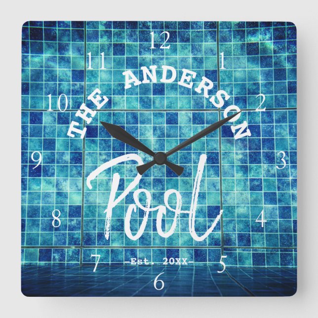 Horloge Carrée Cool Blue Tile Swimming Pool Family Nom Custom La (Recto)