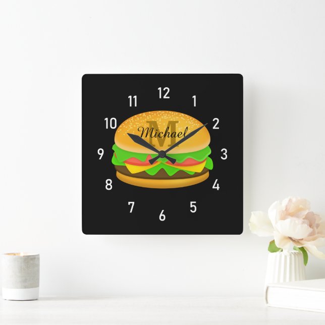 Horloge Carrée Cool et amusant yummy burger Monogramme et numéros (Maison)