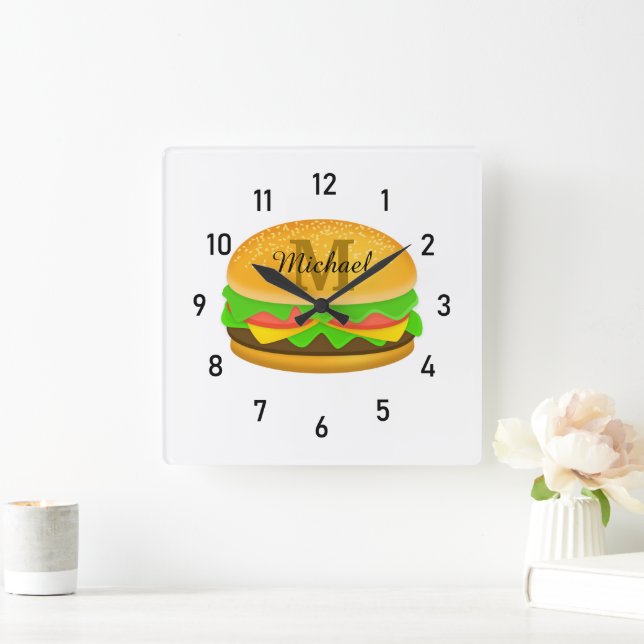 Horloge Carrée Cool et amusant yummy burger Monogramme et numéros (Maison)