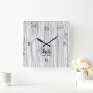 Horloge Carrée Cool gris imprimé bois de bambou Monogramme