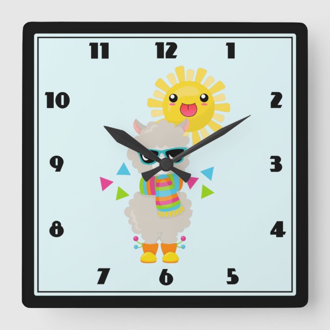 Horloge Carrée Cool Llama et souriant Kawaii Sun (Recto)