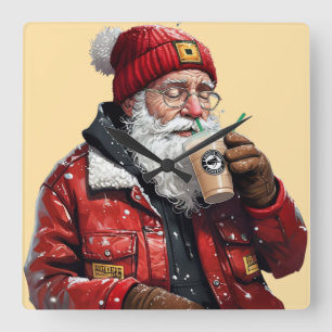 Horloge Carrée Cool Père Noël Boire du café glacé Art de Noël