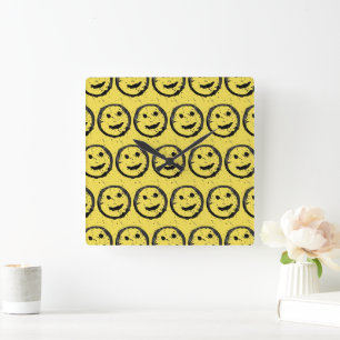 Horloge Carrée Cool Sardé Joyeux visage souriant motif jaune