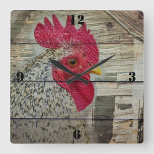 Horloge Carrée Coop de poulet rustique de coq