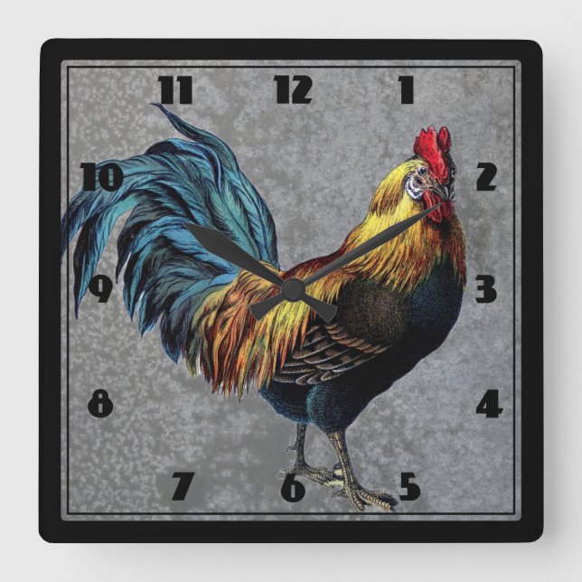 Horloge Carrée Coq Bantam coloré (Recto)