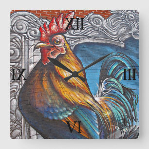 Horloge Carrée Coq de bleu et d'or