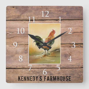 Horloge Carrée Coq de campagne Russe Wood Farmhouse Nom de famill