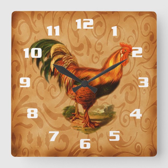 Horloge Carrée Coq de campagne rustique (Recto)
