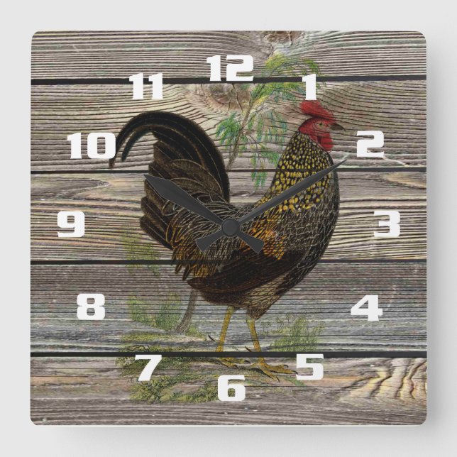 Horloge Carrée Coq de campagne rustique (Recto)