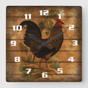 Horloge Carrée Coq de campagne vintage sur bois rustique
