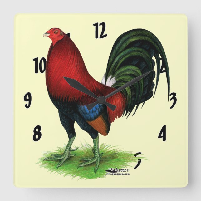 Horloge Carrée Coq de combat :  Rouge foncé (Recto)