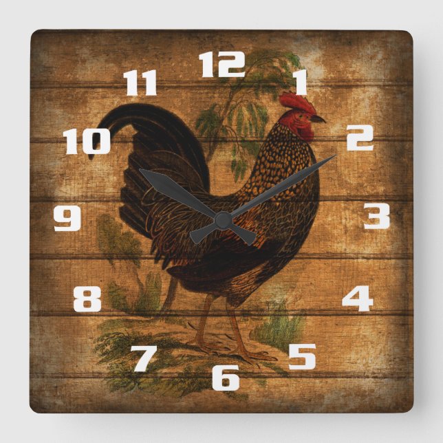 Horloge Carrée Coq De Pays vintage Sur Bois Rustique (Recto)