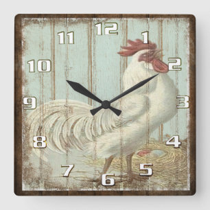 Horloge Carrée Coq Vintage sur Planches de Bois Rustiques Vieille
